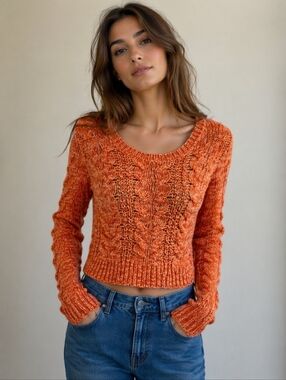 Free People Urban Outfitters Womens Size XS Sweater Cable Knit Scoop Neck Orange